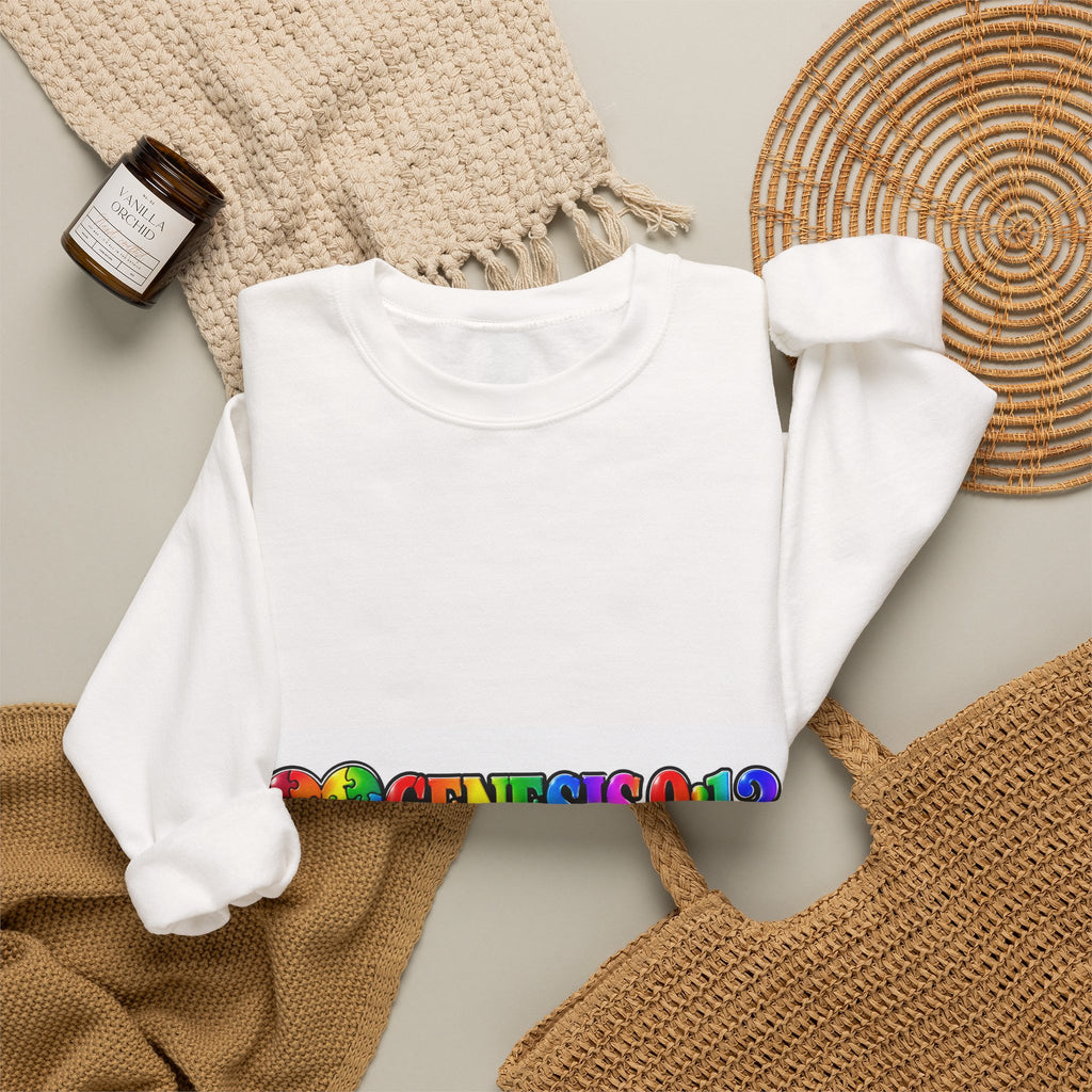 Crewneck Sweatshirt — Rainbow Heart "Genesis 3:19" Christian Faith Pride Pullover